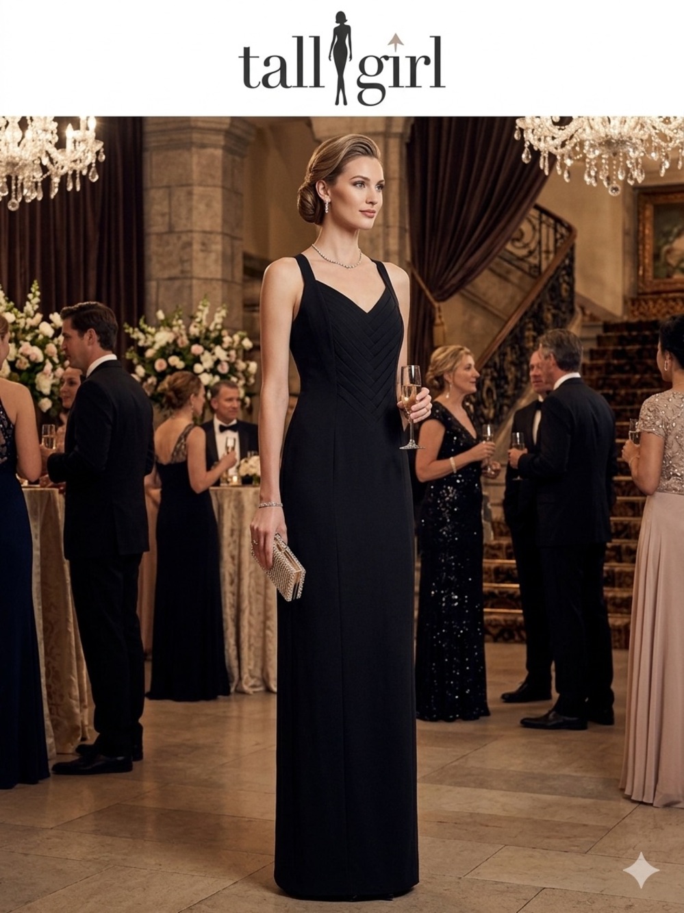 Tall Girl Elegant Black V-Neck Basket Weave Bodice Evening Gown
